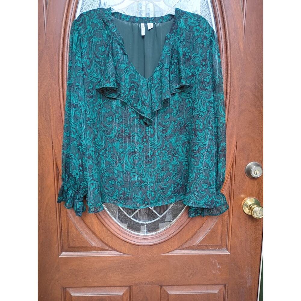 Cato Shimmering Blouse Green Black Lined V-Neck Long Sleeve Size XL